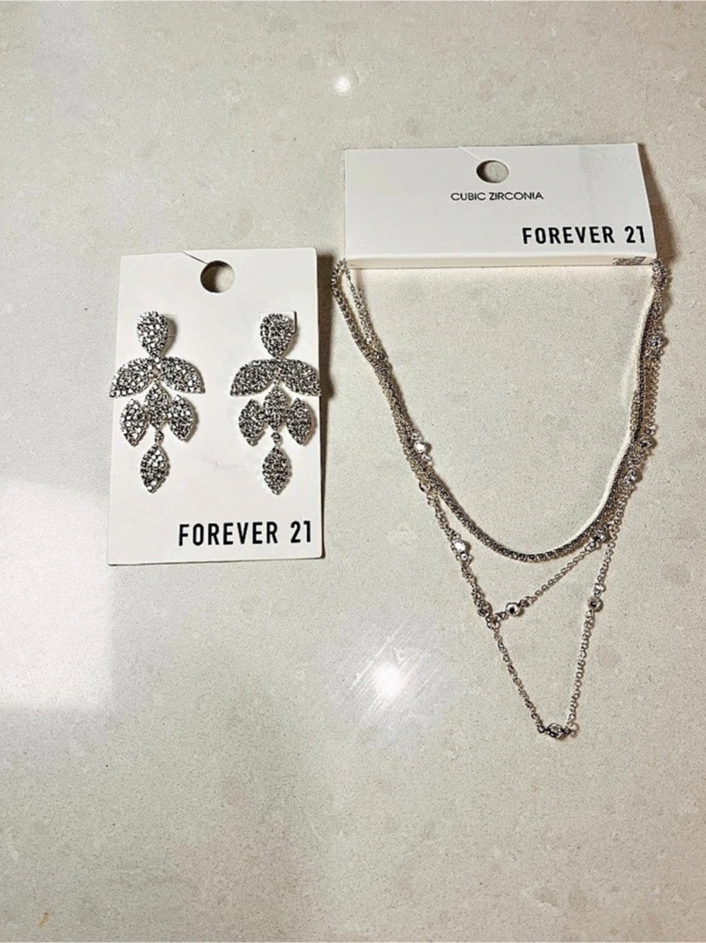 Forever 21 Layered Necklace & Statement Earrings in Silver NWT
